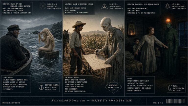 Three-panel dossier collage: the Island of Muck mermaid sighting, the Valle de Santiago Mexico stranger, and the Platonovo Russia entity encounter, all 1947, date unknown