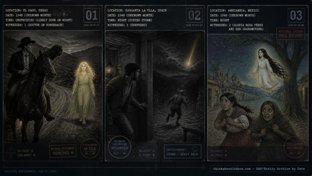 Three-panel dossier collage: the El Paso Texas angelic roadside being, the Garganta la Olla Spain goat-footed being, and the Amecameca Mexico La Llorona account, all 1948, date unknown