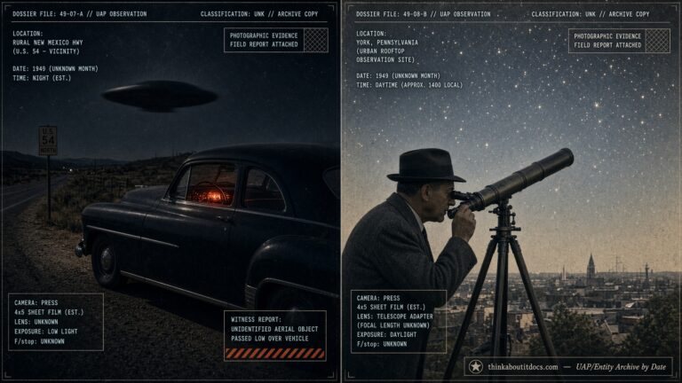 Two-panel dossier collage: a New Mexico radio-interference sighting and a York Pennsylvania telescopic hundred-disc observation, both undated 1949
