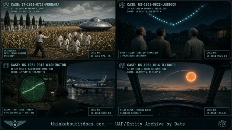 Four-panel collage of August 1951 UFO sightings including Veghenza Italy and the Lubbock Texas lights