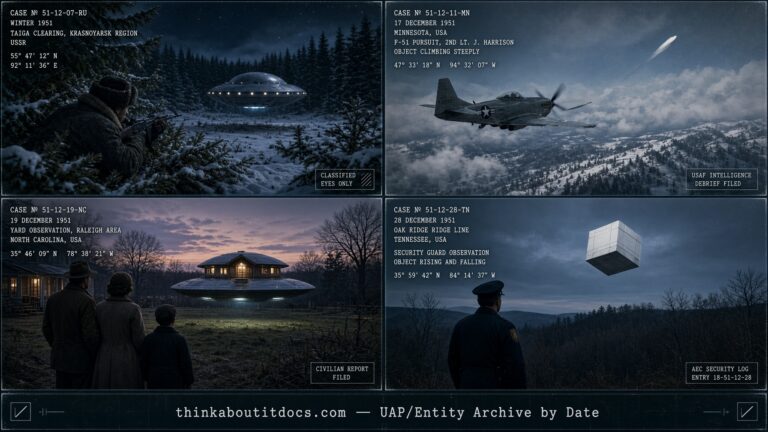 Four-panel collage of December 1951 UFO sightings including the Okulov Russia encounter and the Deke Slayton Minnesota sighting