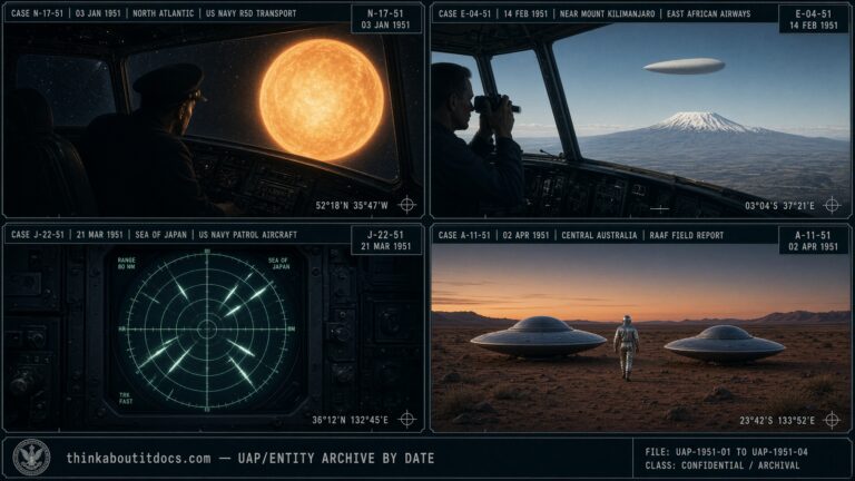 Four-panel collage of February 1951 UFO sightings including the Bethune Incident and the Mount Kilimanjaro photograph