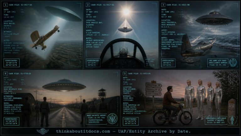 Five-panel collage of July 1951 UFO sightings including Fred Reagan's Georgia collision, George Kinmon's Dearing pursuit, and the Vusov Murmansk engagement