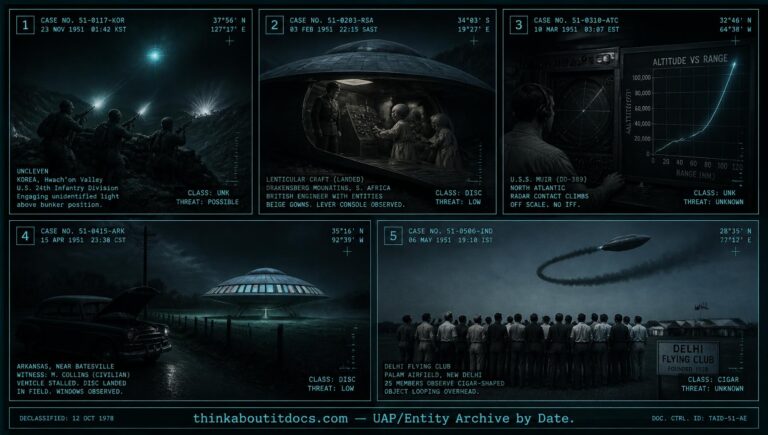 Five-panel collage of March 1951 UFO sightings including Chorwon Korea, Drakensteen Mountain South Africa, and Cape May New Jersey