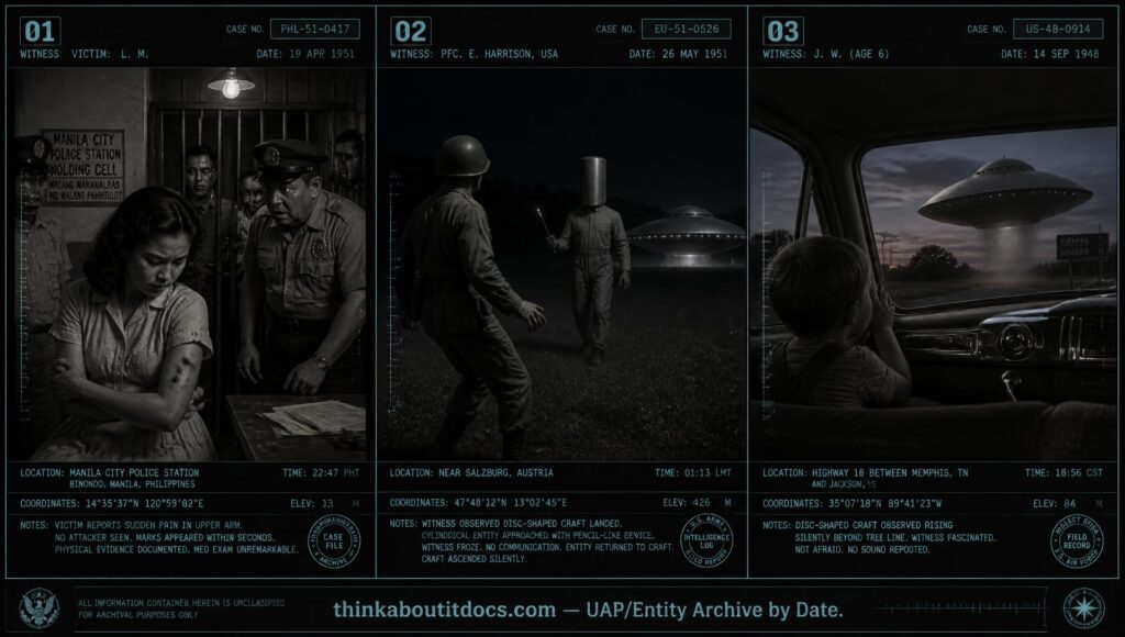 Three-panel collage of May 1951 UFO and entity cases including Manila Philippines, Salzburg Austria, and Millington Tennessee
