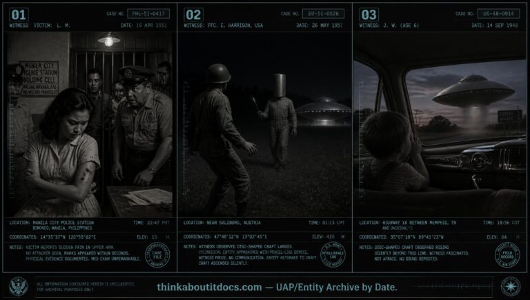 Three-panel collage of May 1951 UFO and entity cases including Manila Philippines, Salzburg Austria, and Millington Tennessee