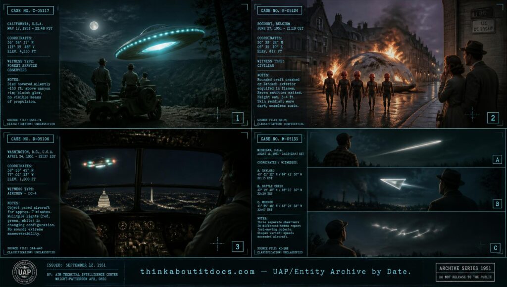 Four-panel collage of November 1951 UFO sightings including Mojave California, Terest-Houthulst Belgium, and Washington DC