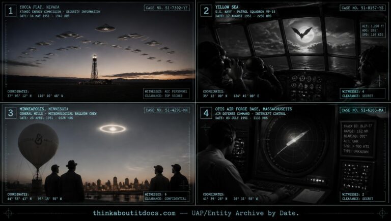 Four-panel collage of October 1951 UFO sightings including the Nevada Squadron of Discs and the Yellow Sea pursuit