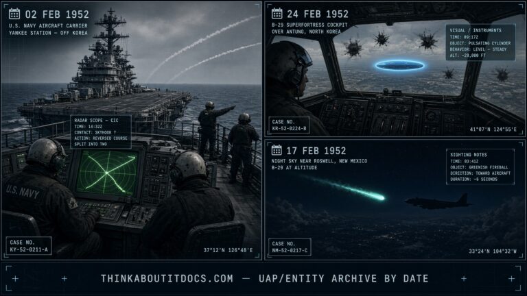 Three-panel collage of February 1952 UFO sightings including the USS Philippine Sea radar case and Korean War-theater intercepts