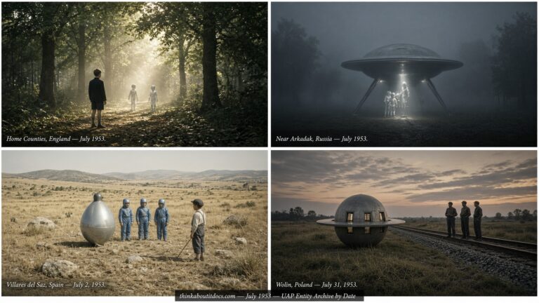 Four-panel collage of July 1953 UFO sightings: the Home Counties England abduction case, the Shabanov encounter in Arkadak Russia, the Villares del Saz Spain entity encounter, and the Wolin Poland landing