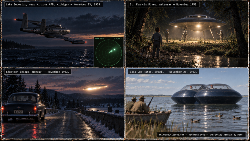 Four-panel collage of November 1953 UFO sightings: the Kinross AFB F-89 disappearance over Lake Superior, the Riley Martin St Francis River Arkansas contactee case, the Sjusjoen Bridge Norway car-following object, and the Baia Dos Patos Brazil landing