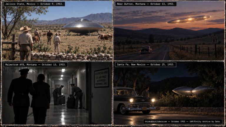 Four-panel collage of October 1953 UFO sightings: Antonio Apodaca's Jalisco Mexico contact, the Dutton Montana sighting and Malmstrom AFB debriefing, and the Santa Fe New Mexico landing