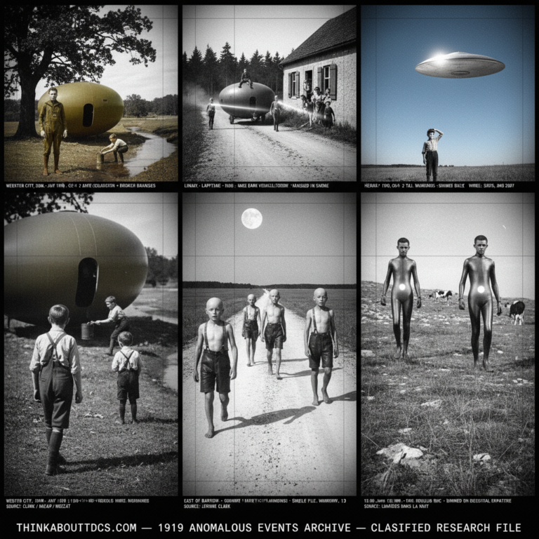 Five panel post-WWI silver gelatin intelligence dossier collage for the 1919 UFO UAP sightings archive showing left two Iowa farm children frozen near a brown-green landed craft at Webster City while one tall occupant guards the door and a shorter figure collects creek water in the strongest CE-III case of the year with ground trace evidence, upper center-left a Swedish family watching from a farmhouse window as a massive dark gray vehicle with three humanoid crew members passes on a Lappland road before vanishing in smoke, center a terrified thirteen-year-old Harry Anderson walking rigidly forward on a moonlit Wisconsin road as twenty bald shirtless white-skinned humanoids walk in mumbling single file in the opposite direction near Barron, upper center-right two French boys herding cows on a Hérault hillside watching two two-meter tall figures in shining suits with glowing belly lights advancing mechanically toward them, and right a child in a French field watching a metallic sunlight-reflecting disc descend and dim before departing horizontally near Scorbe-Clairvaux