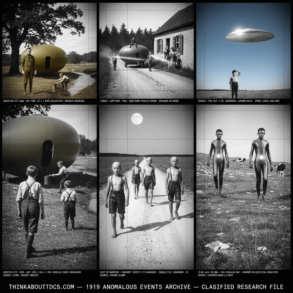 Five panel post-WWI silver gelatin intelligence dossier collage for the 1919 UFO UAP sightings archive showing left two Iowa farm children frozen near a brown-green landed craft at Webster City while one tall occupant guards the door and a shorter figure collects creek water in the strongest CE-III case of the year with ground trace evidence, upper center-left a Swedish family watching from a farmhouse window as a massive dark gray vehicle with three humanoid crew members passes on a Lappland road before vanishing in smoke, center a terrified thirteen-year-old Harry Anderson walking rigidly forward on a moonlit Wisconsin road as twenty bald shirtless white-skinned humanoids walk in mumbling single file in the opposite direction near Barron, upper center-right two French boys herding cows on a Hérault hillside watching two two-meter tall figures in shining suits with glowing belly lights advancing mechanically toward them, and right a child in a French field watching a metallic sunlight-reflecting disc descend and dim before departing horizontally near Scorbe-Clairvaux