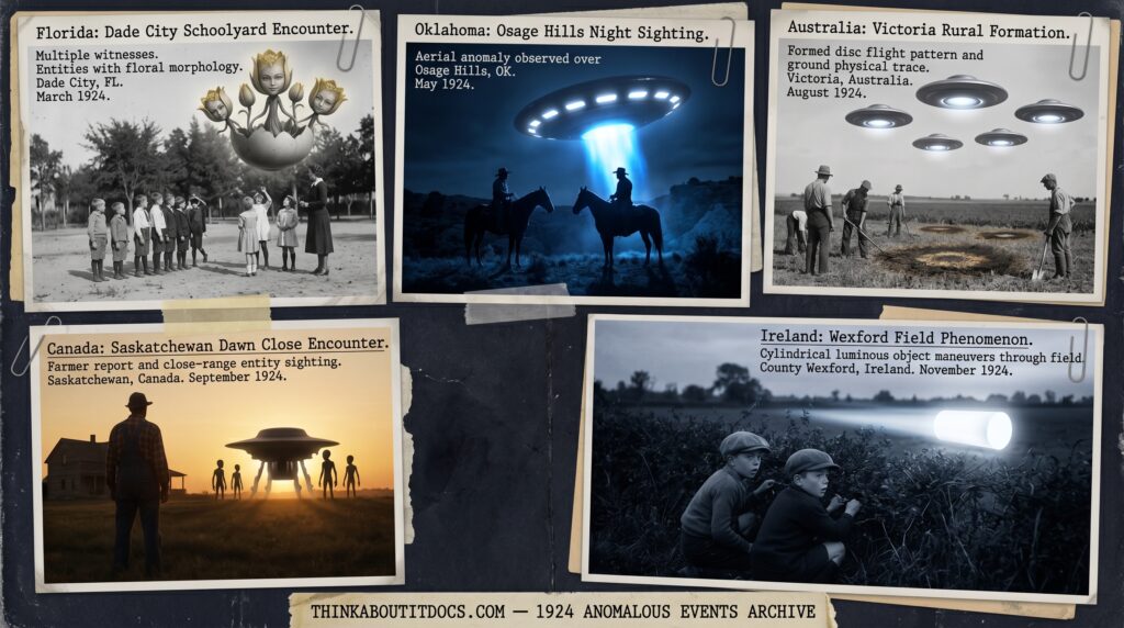 Five panel 1920s silver gelatin halftone intelligence dossier collage for the 1924 UFO UAP sightings archive showing left schoolgirl Evelyn Wendt watching flower-shaped beings with petal-gold coloring carry a device from an egg-shaped craft at Dade City Florida Holy Name Convent School, upper center-left two Oklahoma horseback riders watching a large oval craft with white side lights and a blue rear flame beam its light onto winter snow in the Osage Hills, center a group of seven or more Australian farm workers watching six silver metallic discs with visible occupants and physical ground traces in a rural Victorian paddock near Melbourne, upper center-right a lone Saskatchewan prairie farmer at dawn on August 23 1924 facing a grounded craft with indistinct humanoid occupants in the pale amber horizon light on the Mars opposition date, and right two County Wexford Ireland boys watching a self-propelled solid cylinder of cold white light travel at walking pace through their field and climb a hedge before following a railway track