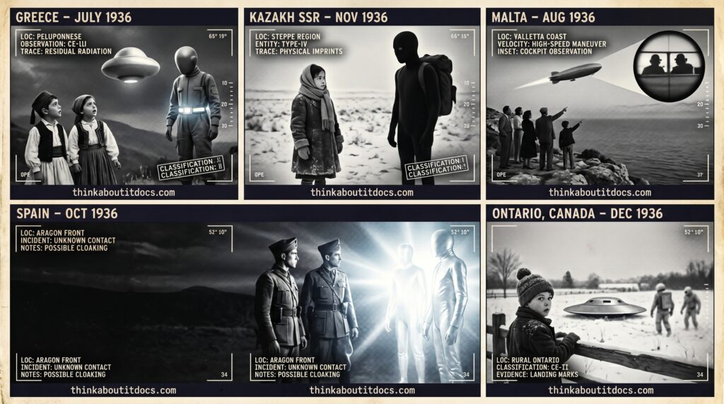 Five-panel 1930s press photography dossier illustrating 1936 UFO and alien sightings: children watching a landed egg-shaped craft with white-suited occupant in Athens Greece, a teenage girl facing a black-garbed flying humanoid on a Kazakhstan steppe at dawn, three Spanish Civil War soldiers engulfed in white light before two tall white-garbed humanoids in Guadalajara, witnesses at B'Bugia Bay Malta watching a fast zeppelin-shaped craft with helmeted occupants, and a Canadian teenager approaching a landed disc with occupants near Port Colborne Ontario.