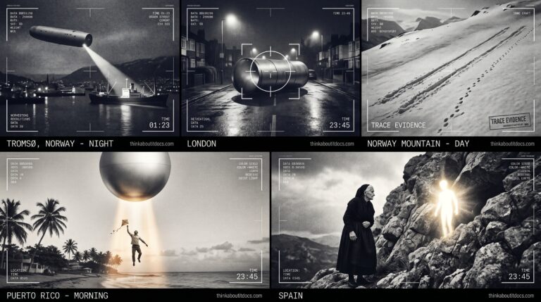 Five-panel 1930s press photography dossier illustrating 1934 UFO and alien sightings: Norwegian freighter crew observing a gray craft with beam at Tromsø, a metallic cylinder landed on a Dollis Hill street with two figures, landing traces in Malselv mountain snow, a Puerto Rican man levitated into a silvery sphere at Mayaguez, and a luminous entity observed near a rocky crag in Cáceres Spain.