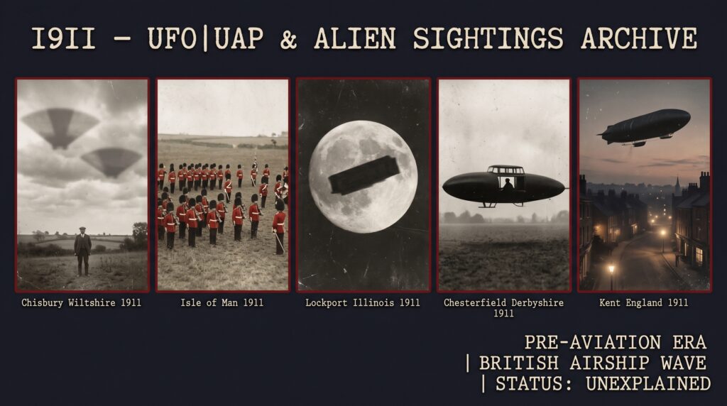 Five panel Edwardian intelligence dossier collage for the 1911 UFO UAP sightings archive showing left to right Charles Tilden Smith observing two stationary fan-shaped shadows on moving clouds in Wiltshire England reported to Nature a crowd of small red uniformed beings drilling on the Isle of Man a rectangular object transiting the full moon over Lockport Illinois a black cigar hovering 1.5 meters from the ground with a visible cabin occupant in Chesterfield Derbyshire and an unidentified airship hovering over a Kent England town