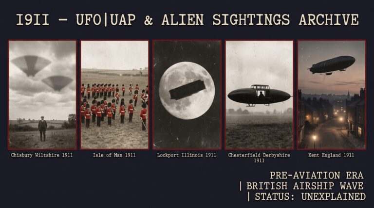 Five panel Edwardian intelligence dossier collage for the 1911 UFO UAP sightings archive showing left to right Charles Tilden Smith observing two stationary fan-shaped shadows on moving clouds in Wiltshire England reported to Nature a crowd of small red uniformed beings drilling on the Isle of Man a rectangular object transiting the full moon over Lockport Illinois a black cigar hovering 1.5 meters from the ground with a visible cabin occupant in Chesterfield Derbyshire and an unidentified airship hovering over a Kent England town