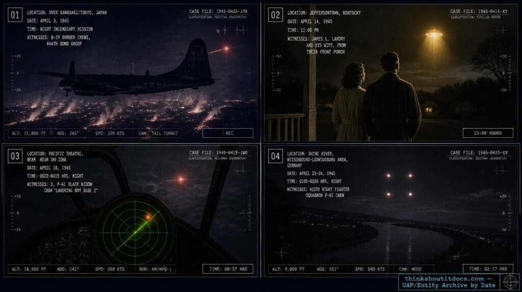 Four-panel dossier collage: Kawasaki/Tokyo balls of fire, Jeffersontown Kentucky light, 549th Night Fighter Squadron radar chase, and the Rhine River square of lights, all April 1945