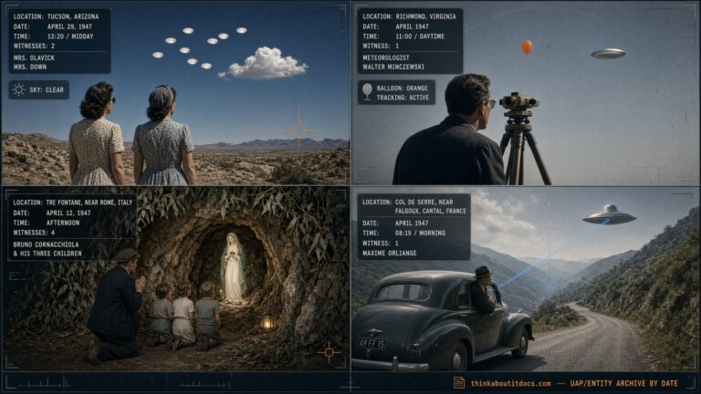 Four-panel dossier collage: the Tucson Arizona cloud sighting, the Richmond Virginia theodolite case, the Tre Fontane apparition, and the Col de Serre France disc, all April 1947