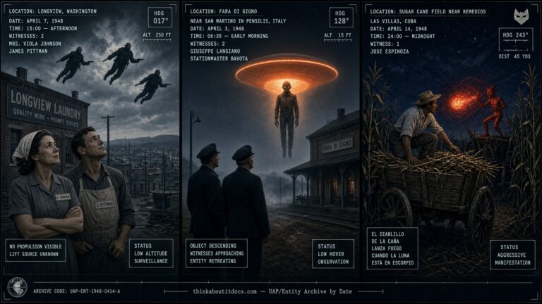 Three-panel dossier collage: the Longview Washington flying men, the San Martino Italy entity encounter, and the Cuba little red devil folk tale, all April 1948