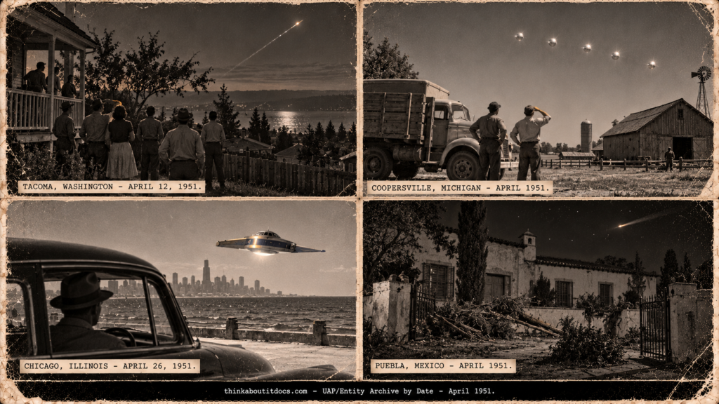 Four-panel vintage collage of April 1951 UFO sightings: a lit sky over Tacoma, silver globes over Coopersville, a craft hovering over the Chicago lakefront and a ruined garden at a Puebla villa.