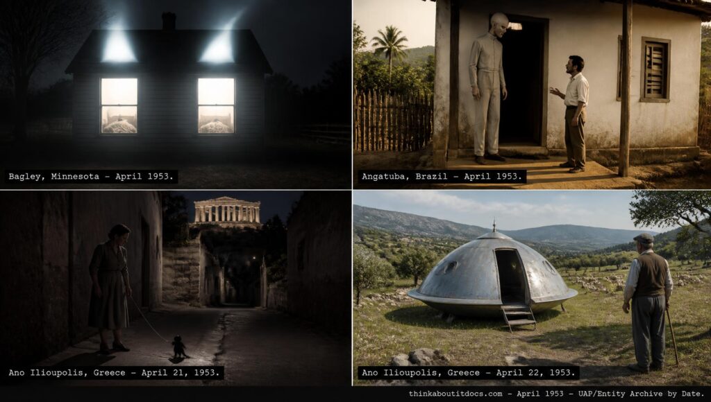 Four-panel collage of April 1953 UFO sightings: the Bagley Minnesota abduction case, the Angatuba Brazil Ganymede contact, and the two-day Ano Ilioupolis Greece strange woman and landed craft encounter