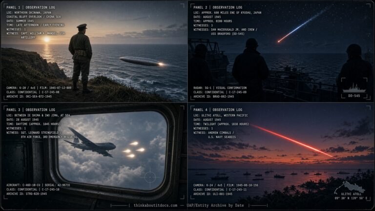 Four-panel dossier collage: Okinawa Mandel cigar craft, USS Bradford radar object, Stringfield's Iwo Jima teardrops, and the Ulithi red streak, all August 1945