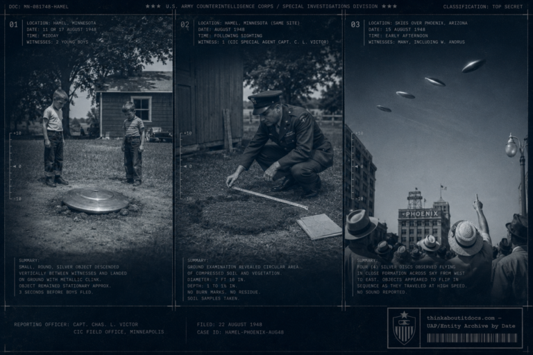 Three-panel dossier collage: the Hamel Minnesota landing, the CIC ground trace investigation, and the Phoenix Arizona four-disc sighting, August 1948