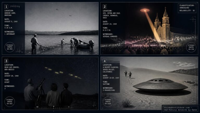 Four-panel dossier collage: the Hebgen Lake Montana crash claim, the Norwood Ohio searchlight sighting, the Clyde Tombaugh Las Cruces sighting, and the Death Valley crash claim, all August 1949