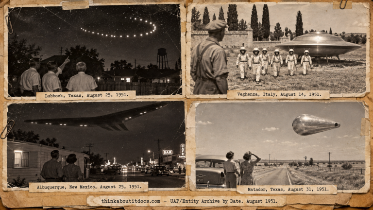 Four-panel vintage press-photo collage of August 1951 UFO sightings: Lubbock Lights, Veghenza Italy landing, Albuquerque flying wing, Matador pear-shaped object