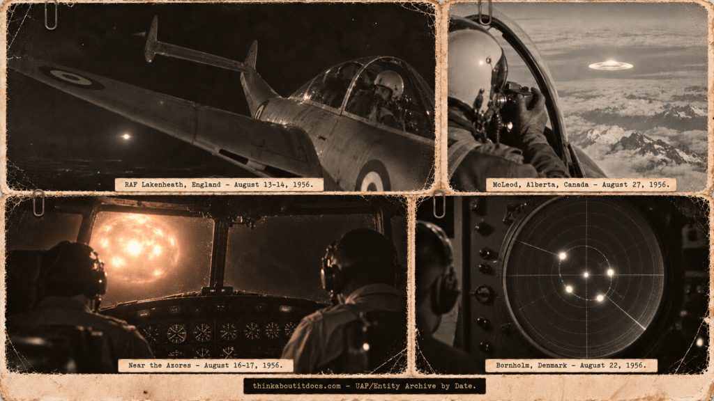 Four-panel 1950s press-photo collage: a Venom jet with a light behind it over Lakenheath, an RCAF pilot photographing a disc over the Rockies, an Eastern Airlines DC-4 with a pulsating light at the window, and a Bornholm radar scope with four returns.