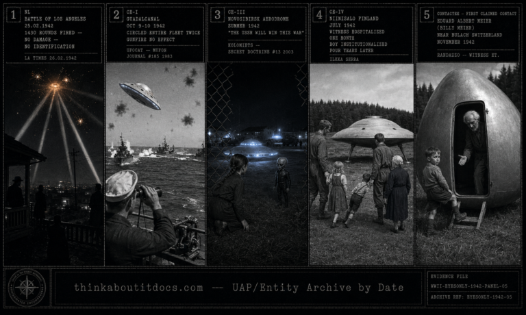 Five-panel 1942 WWII wartime press photography dossier: Army searchlight beams converging on a pale orange unidentified object over blacked-out Los Angeles with anti-aircraft shell bursts around it in the Battle of Los Angeles February 25 1942, a silvery disc with dome and portholes banking above US Navy warships at Guadalcanal as anti-aircraft fire fails to affect it, a Soviet teenage girl crouching at an aerodrome fence looking at disc-shaped craft in a bluish glow as a short grey wrinkled alien faces her at Novosibirsk, a Finnish 9-year-old girl with a frightened reluctant boy being led by two tall men toward an aluminum-colored craft on three legs at Niinisalo, and 5-year-old Eduard Albert Meier standing at the entrance of a pear-shaped craft in a Swiss meadow as a very old man beckons him inside.