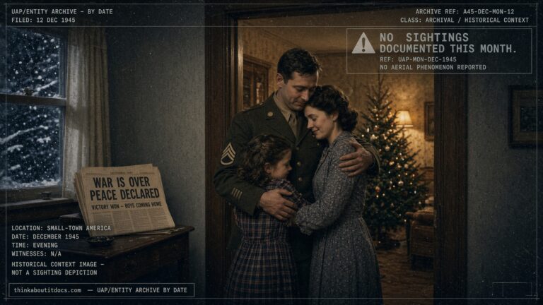 A U.S. serviceman reunites with family at Christmas 1945, the first peacetime holiday season since 1941, with no UFO sightings documented this month