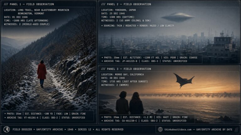 Three-panel dossier collage: the disappearance of Paula Welden on Vermont's Long Trail, a Yokohama Japan sighting, and a bat-winged object over Morro Bay California, all December 1946