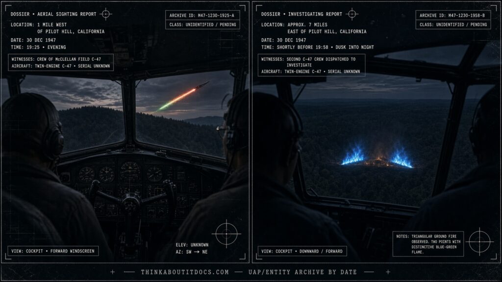 Two-panel dossier collage: a flame-trailing object over Pilot Hill, California, and the triangular blue-green ground fire found afterward, December 30, 1947