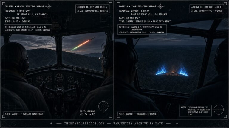 Two-panel dossier collage: a flame-trailing object over Pilot Hill, California, and the triangular blue-green ground fire found afterward, December 30, 1947