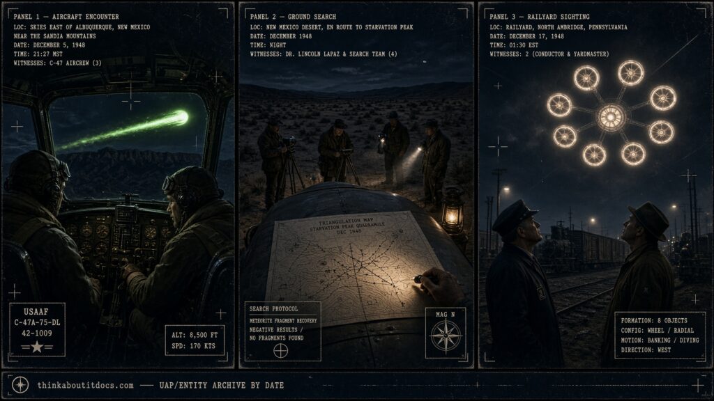 Three-panel dossier collage: the first green fireball sighting near Albuquerque, LaPaz's desert search for debris, and the North Ambridge Pennsylvania wheel formation, December 1948