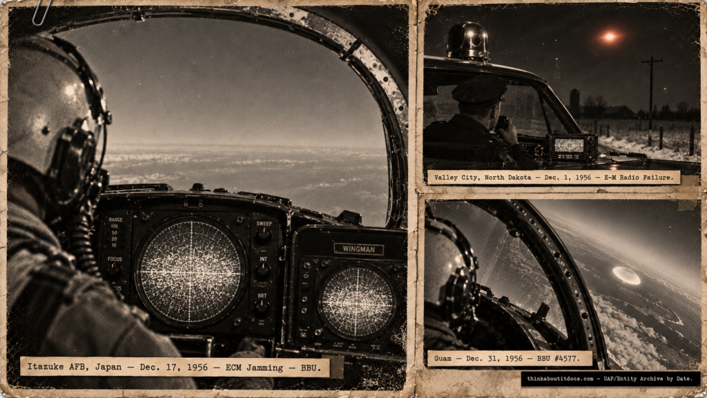 Three-panel 1950s press-photo collage: an F-86D radar scope showing ECM jamming interference at Itazuke AFB Japan, a Valley City North Dakota police officer with a dead radio watching a hovering red-orange object, and an F-86D in a hard turn trying to follow a round white object over Guam on December 31 1956.