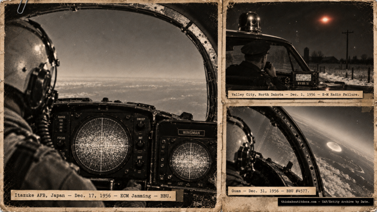 Three-panel 1950s press-photo collage: an F-86D radar scope showing ECM jamming interference at Itazuke AFB Japan, a Valley City North Dakota police officer with a dead radio watching a hovering red-orange object, and an F-86D in a hard turn trying to follow a round white object over Guam on December 31 1956.