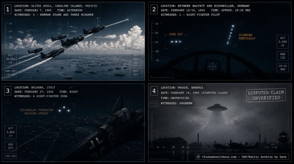 Four-panel dossier collage: Ulithi F6F radar chase, Rastatt-Bischwiller Foofighter, Bologna triangle lights, and the disputed Prague saucer claim, all February 1945