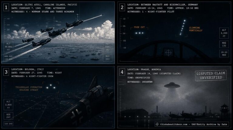 Four-panel dossier collage: Ulithi F6F radar chase, Rastatt-Bischwiller Foofighter, Bologna triangle lights, and the disputed Prague saucer claim, all February 1945