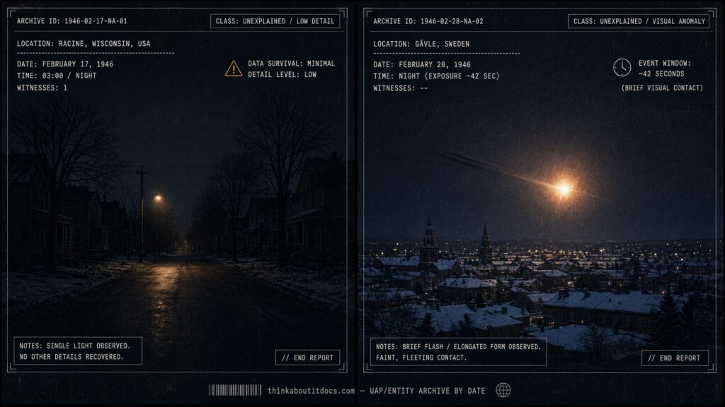 Two-panel dossier collage: a bare Racine, Wisconsin light and a Gävle, Sweden explosion sighting, both February 1946