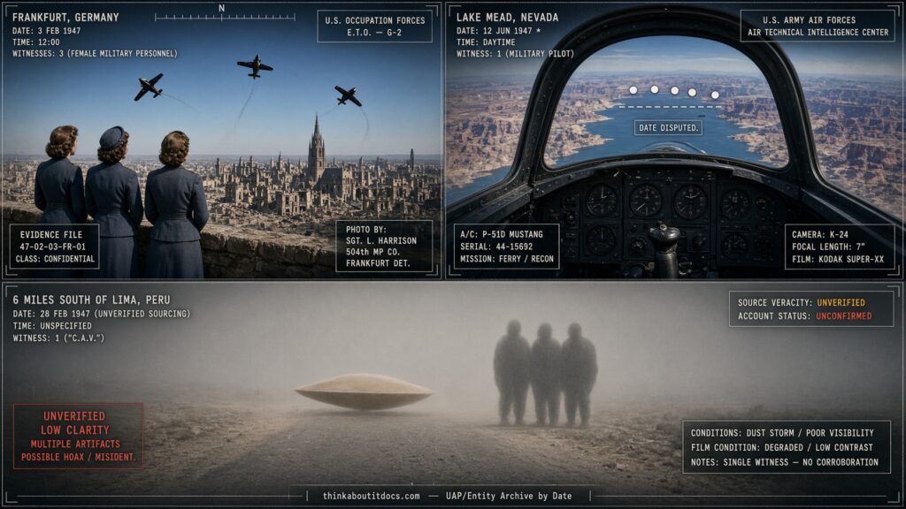 Three-panel dossier collage: the Frankfurt Germany military sighting, the disputed-date Lake Mead Nevada formation, and the unverified Lima Peru entity encounter, all February 1947