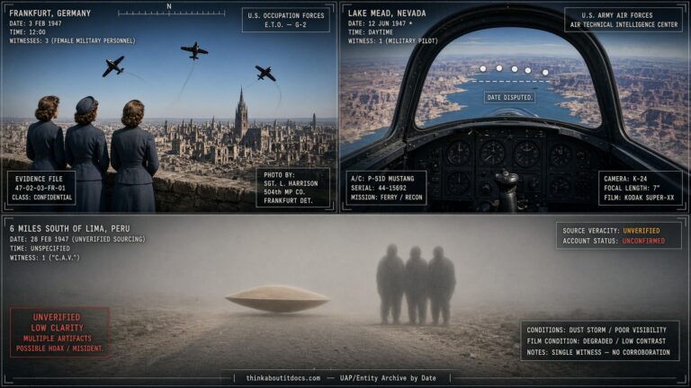 Three-panel dossier collage: the Frankfurt Germany military sighting, the disputed-date Lake Mead Nevada formation, and the unverified Lima Peru entity encounter, all February 1947