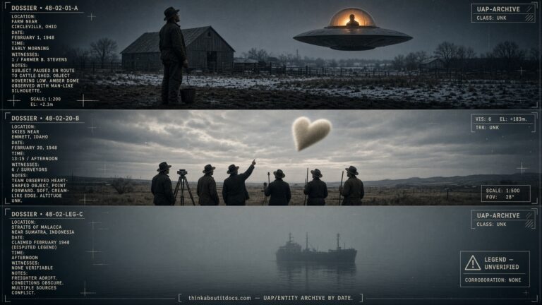 Three-panel dossier collage: the Circleville Ohio farm sighting, the Emmett Idaho heart-shaped object, and the disputed Ourang Medan legend, February 1948