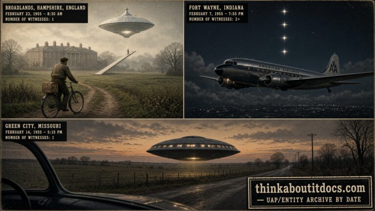 Illustrated collage of February 1955 UFO cases including the Broadlands Hampshire Mountbatten-investigated encounter, Fort Wayne Indiana airline sighting, and Green City Missouri disc sighting