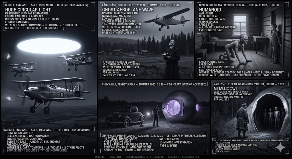 Five panel early 1930s silver gelatin halftone intelligence dossier collage for the 1933 UFO UAP sightings archive showing left four Royal Air Force Hawker Fury I biplane fighters in night formation over Sussex England being penetrated by a brilliant cold white circular light descending from above causing engine failures in two aircraft and burns on Lieutenant Thomas on July 5 1933, upper center-left the vicar of Langtrask standing in the flat grey northern Swedish landscape as an unmarked grey monoplane passes at near-ground level with two figures visible in the cabin in one of twelve overflights during the Scandinavian Ghost Aeroplane wave, center a Pennsylvania witness pushing open the slightly-ajar circular hatch of a ball-shaped craft in a dark roadside field at 2:30 AM revealing the faint violet glow of the interior he will spend 10 minutes examining alone finding dials tubing marble-like walls a central console and an ammonia smell with no occupants in Summer 1933, upper center-right seven-year-old Alexander Zolotov pressed against the wall of his Nizhegorodskaya Province room watching a large-eyed wrinkle-skinned high-foreheaded humanoid move across the floor in a frog-like all-fours jumping posture with a calm emotionless gaze, and right an elderly Yakut nomad at the metallic entrance of the Valley of the Dead cave looking back inside at thin single-eyed figures in metallic clothing in the Siberian taiga