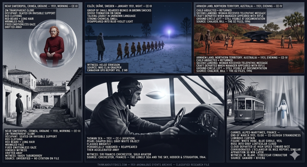 Five panel early 1930s silver gelatin halftone intelligence dossier collage for the 1931 UFO UAP sightings archive showing left Yakov Tabunshikov in a Simferopol Crimea lane watching a 2-meter transparent globe float above a roofline containing a red-clothed red-bearded man seated on an invisible support with a fixed emotionless gaze ignoring the witness, upper center-left Helge Eriksson in heavy winter coat watching a group of small bearded brown-smocked beings march in goose formation across a frozen Swedish snowfield toward a cold blue-violet light in a misty cloud with a strong chemical smell in the Eslöv January 1931 encounter, center Sir Francis Chichester leaning forward at his 1930s light aircraft controls over the empty Tasman Sea watching a dull gray-white pearl-shaped object emit a brilliant cold white flash as it periodically vanishes and reappears, upper center-right an Arnhem Land Aboriginal elder watching a child being carried back from a landed craft as a woman near a second landing craft receives a telepathic message before the station manager arrives with a rifle and red ochre ground circle traces mark both landing sites, and right French streetcar conductor M Blanc frozen at his controls as a gray-white luminous curtain parts on the road ahead to reveal a white-robed blue-girdle-wearing veiled figure with an outstretched hand before it rises into a departing lenticular cloud corroborated by a Nice newspaper account